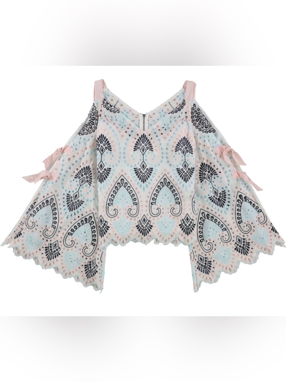 Nanette Lepore Pink, Light Blue & Navy Paisley Cold-Shoulder Blouse